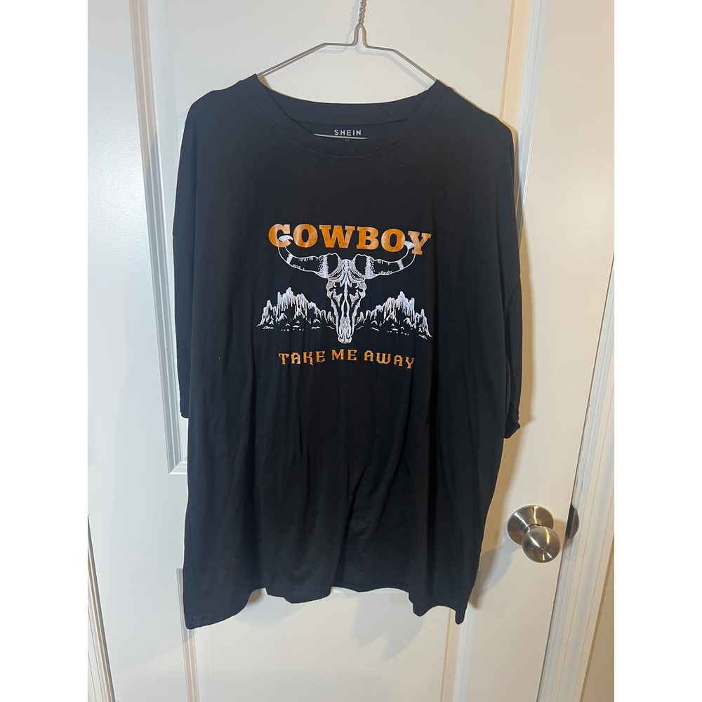 SHEIN Womens T-Shirt Cowboy Take Me Away Graphic Black Medium
